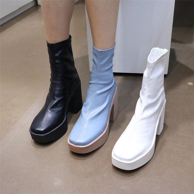 Cheky - Korean Boots Square Toe Chunky Heel Waterproof