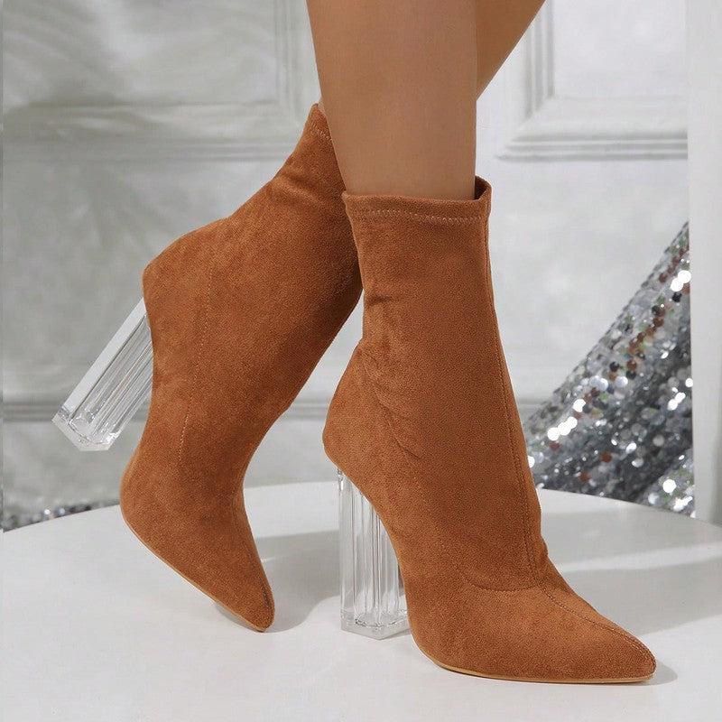 Cheky - New Crystal Heel Boots Fashion High-heeled Party Shoes For Women Elastic Mid-calf Slim-foot Boots Autumn And Winter