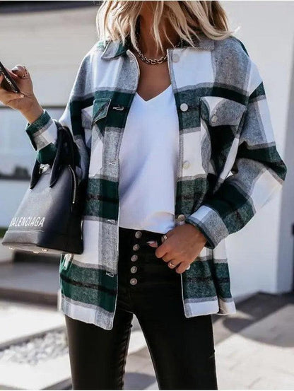 Cheky - Autumn And Winter Long-Sleeved Plaid Shirt Jacket Women