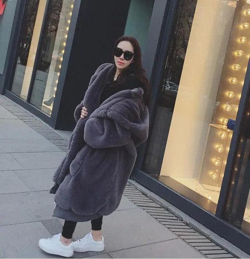 Cheky - Autumn And Winter Thick Long Hooded Fur Coat