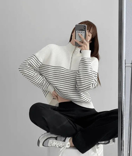 Cheky - Black And White Striped Zipper Half High Neck Sweater Retro