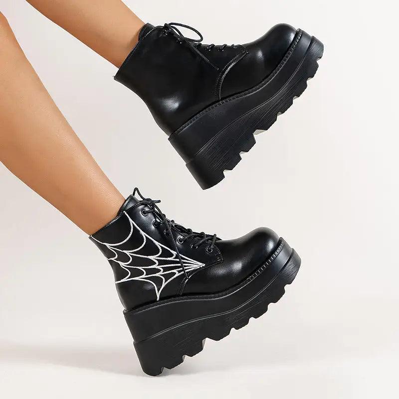 Cheky - Black Martin Boots Fashion Spider Web Print Shoes Chunky Heel Boots For Women