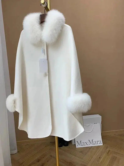 Cheky - Cape Fox Fur Collar Cashmere Wavy Coat