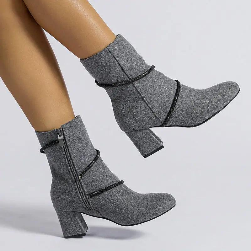 Cheky - Chunky Mid Heel Boots With Rhinestone Chain Design Shoes For Women