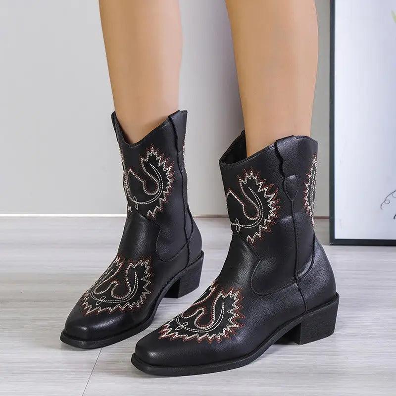 Cheky - Embroidery Western Boots Chunky Mid Heel Cowboy Boots Women Shoes