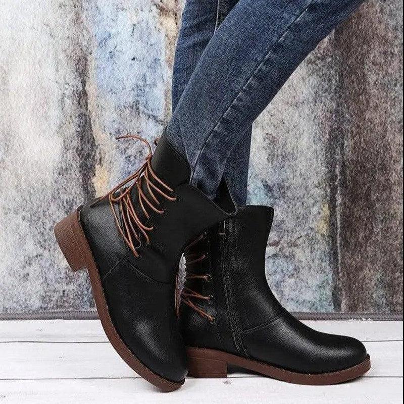 Cheky - Fashion New Round Head Belt Buckle Thick Heel Martin Boots Women