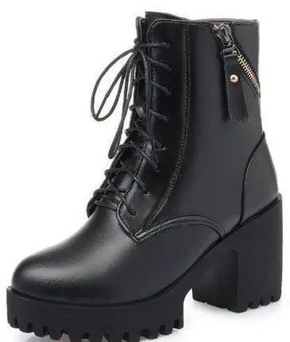 Cheky - Genuine Leather Fashion High Heel Thick Heel Army Boots Women Wool Women Ankle Boots