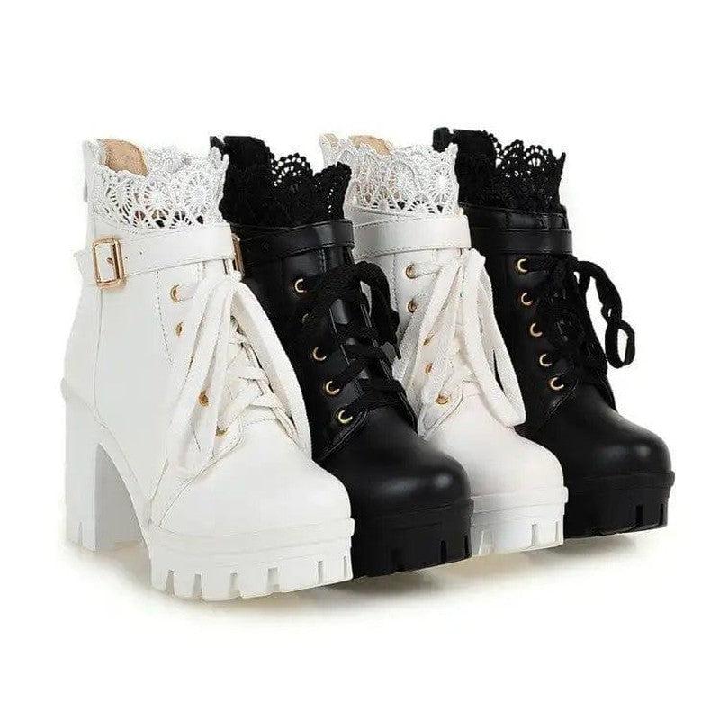 Cheky - Lace Ankle Boots Lace-up Square Heeled Shoes Women White Black Boots