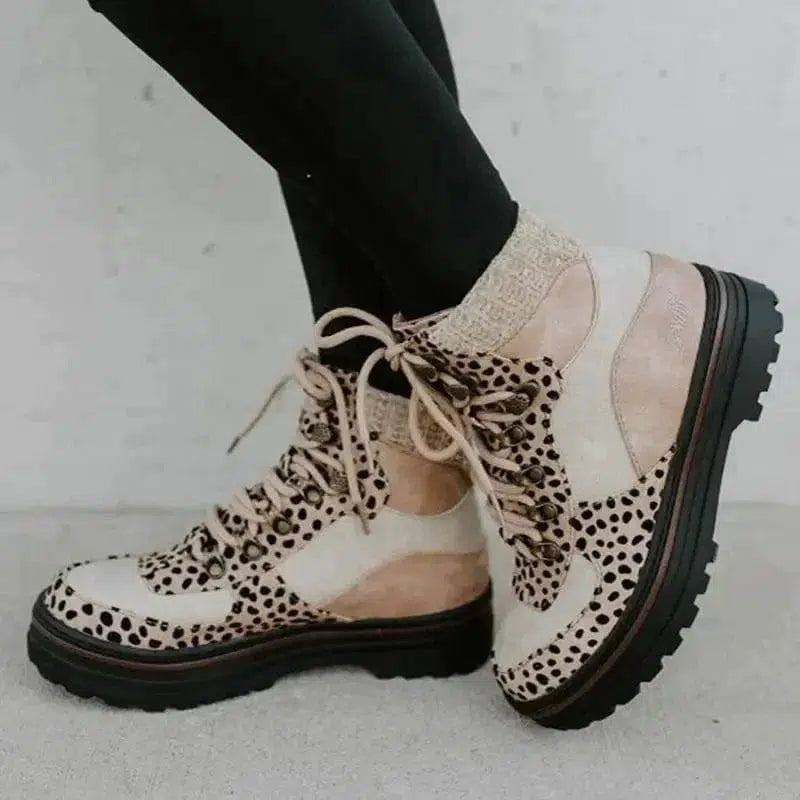 Cheky - Leopard Boots Women Lace Up Martin Boots Winter Low Heel Shoes