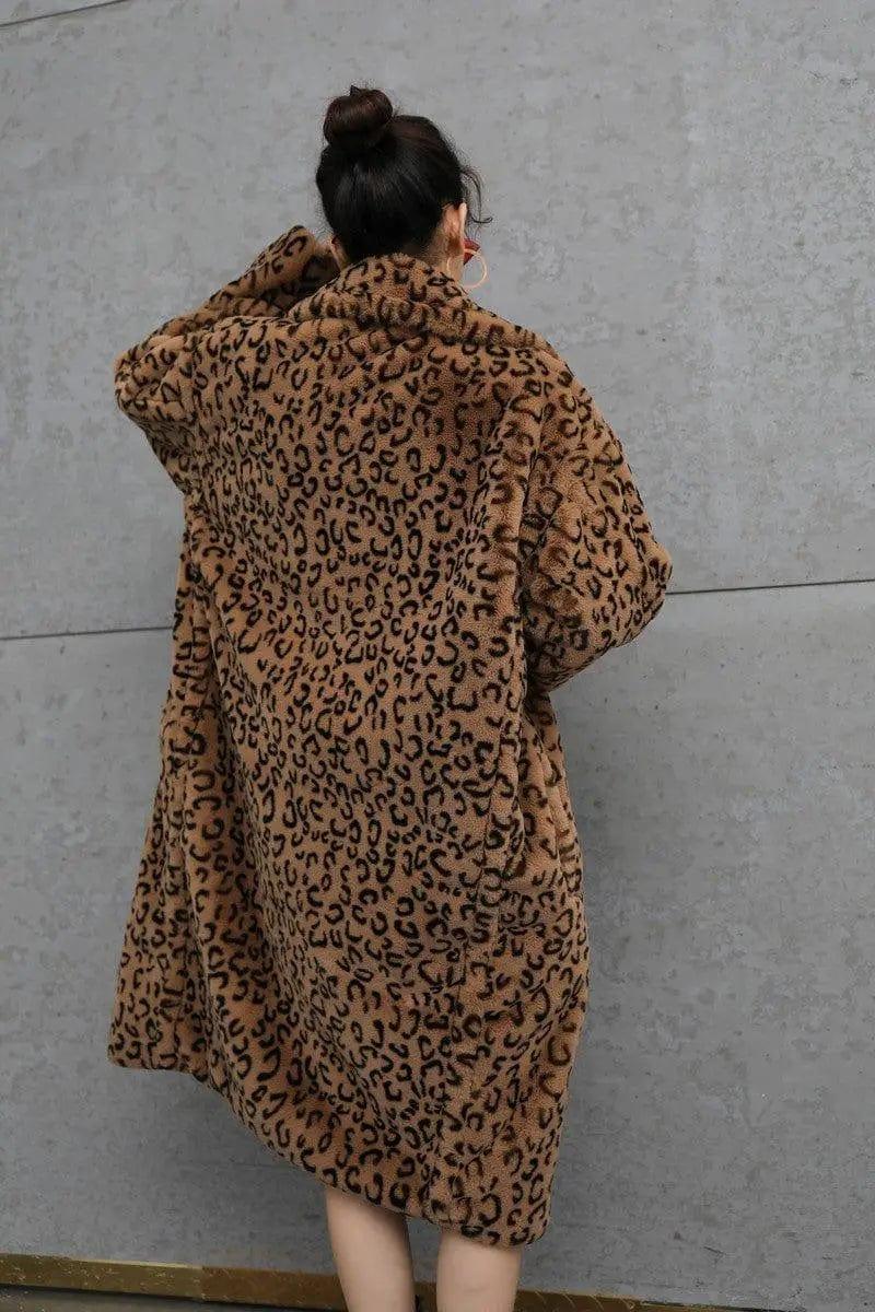 Cheky - Leopard print oversized suit collar fur coat