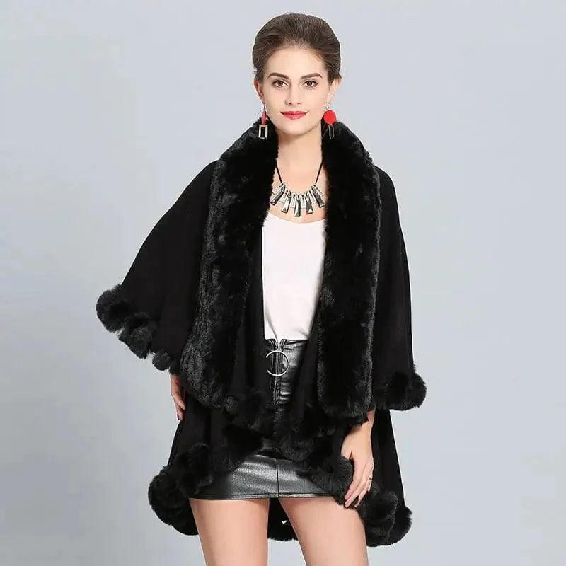 Cheky - Loose Fox Fur Collar Double-layer Knitted Shawl Cloak Coat