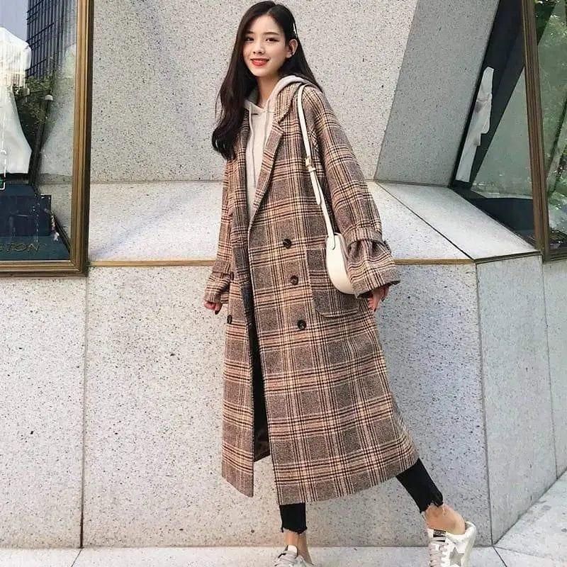 Cheky - Loose slim long double-breasted retro plaid woolen coat