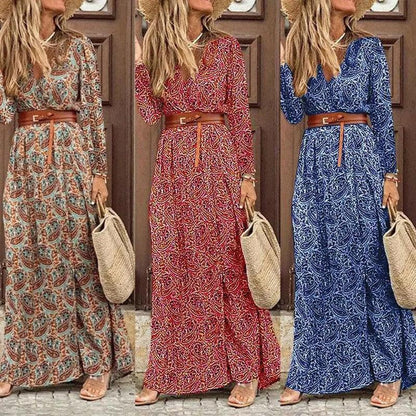 Cheky - Long Sleeve V-Neck Boho Floral Dress