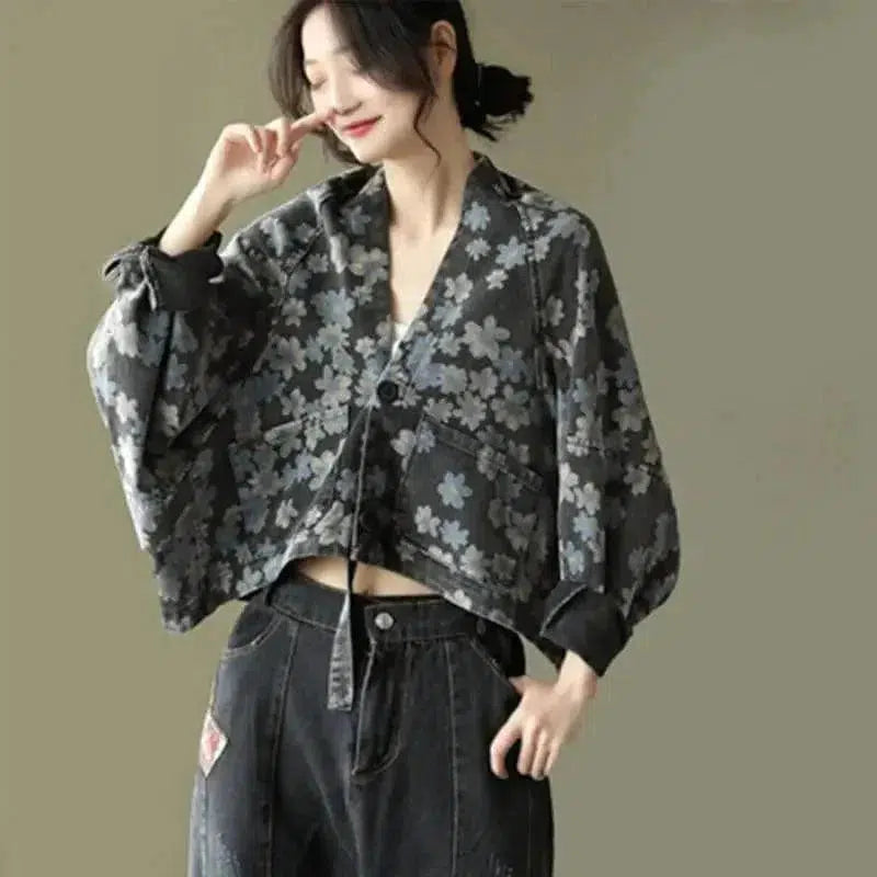 Cheky - Printed Denim Short Jacket Ladies Loose Bat Sleeve Cardigan