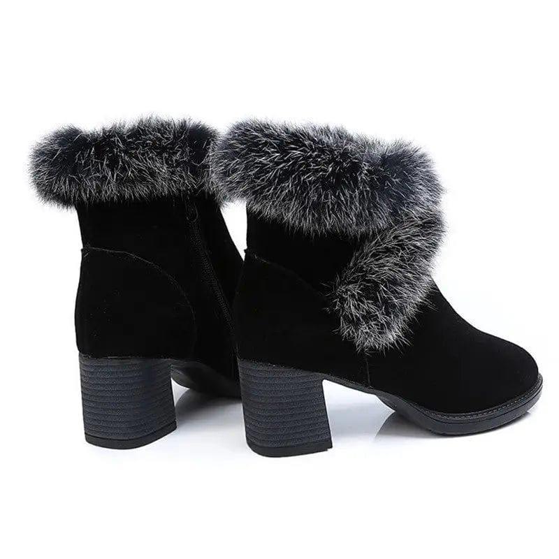 Cheky - Rabbit Fur Snow Boots Women Cotton Shoes Mid Heel Plus Velvet Thick Warm