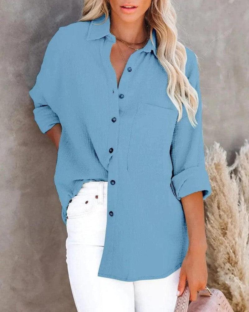 Cheky - Simple Long Sleeve V Neck Button Ladies Cotton Linen Shirt