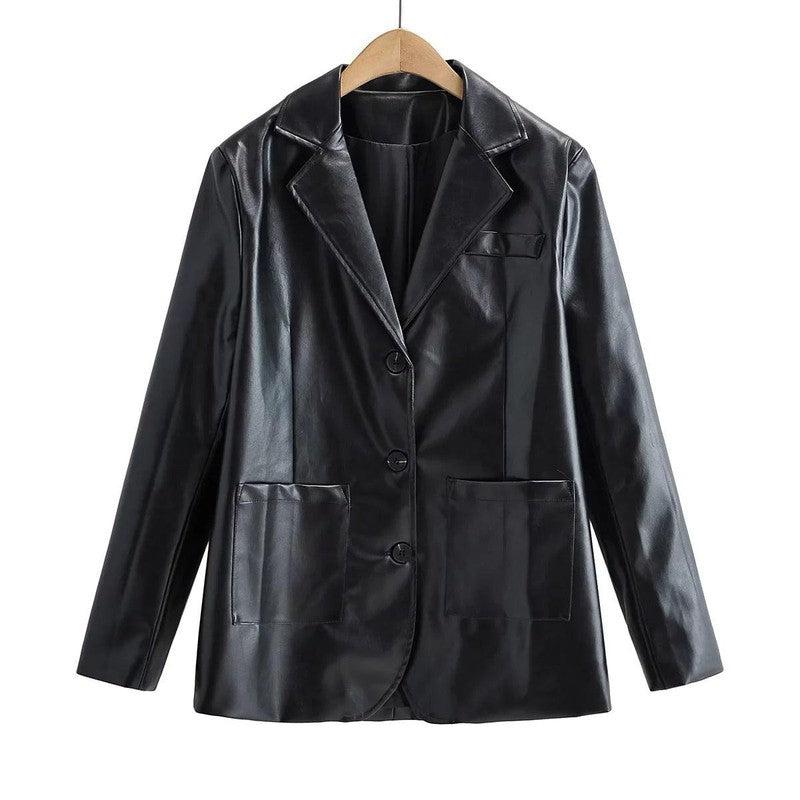 Cheky - Temperament Commuting Light Cooked Wind Big Pocket Faux Leather Suit Jacket