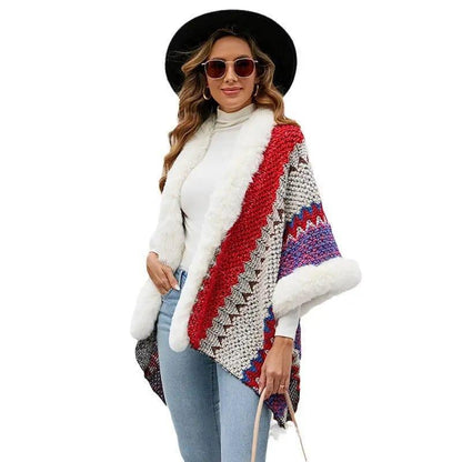 Cheky - Women's Fur Collar Inverness Striped Ethnic Style