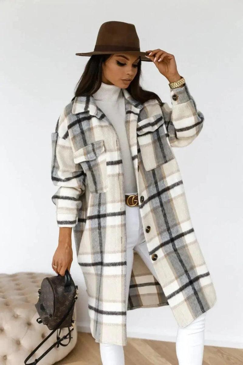 Cheky - Women's Long-sleeved Plaid Print Mid-length Shirt Jacket