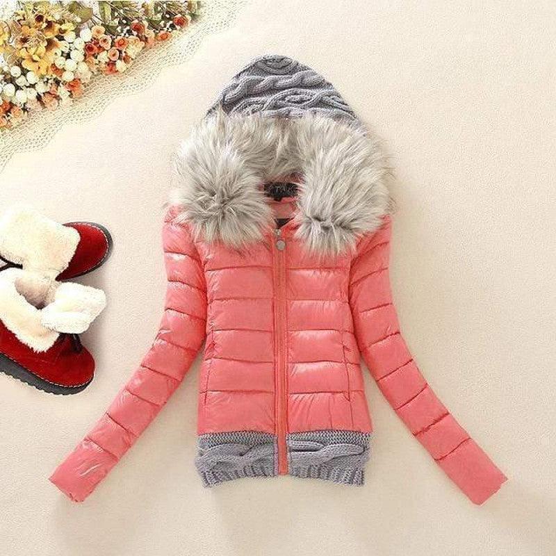 Cheky - Wool stitching cotton coat fur collar hooded slim cotton